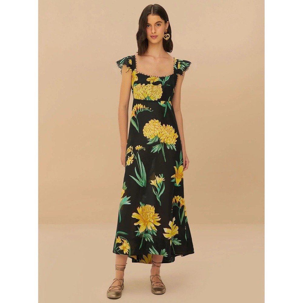 Farm Rio Alice Flowers Black Maxi Dress Yellow Floral Beaded Ruffle Boho NWT S